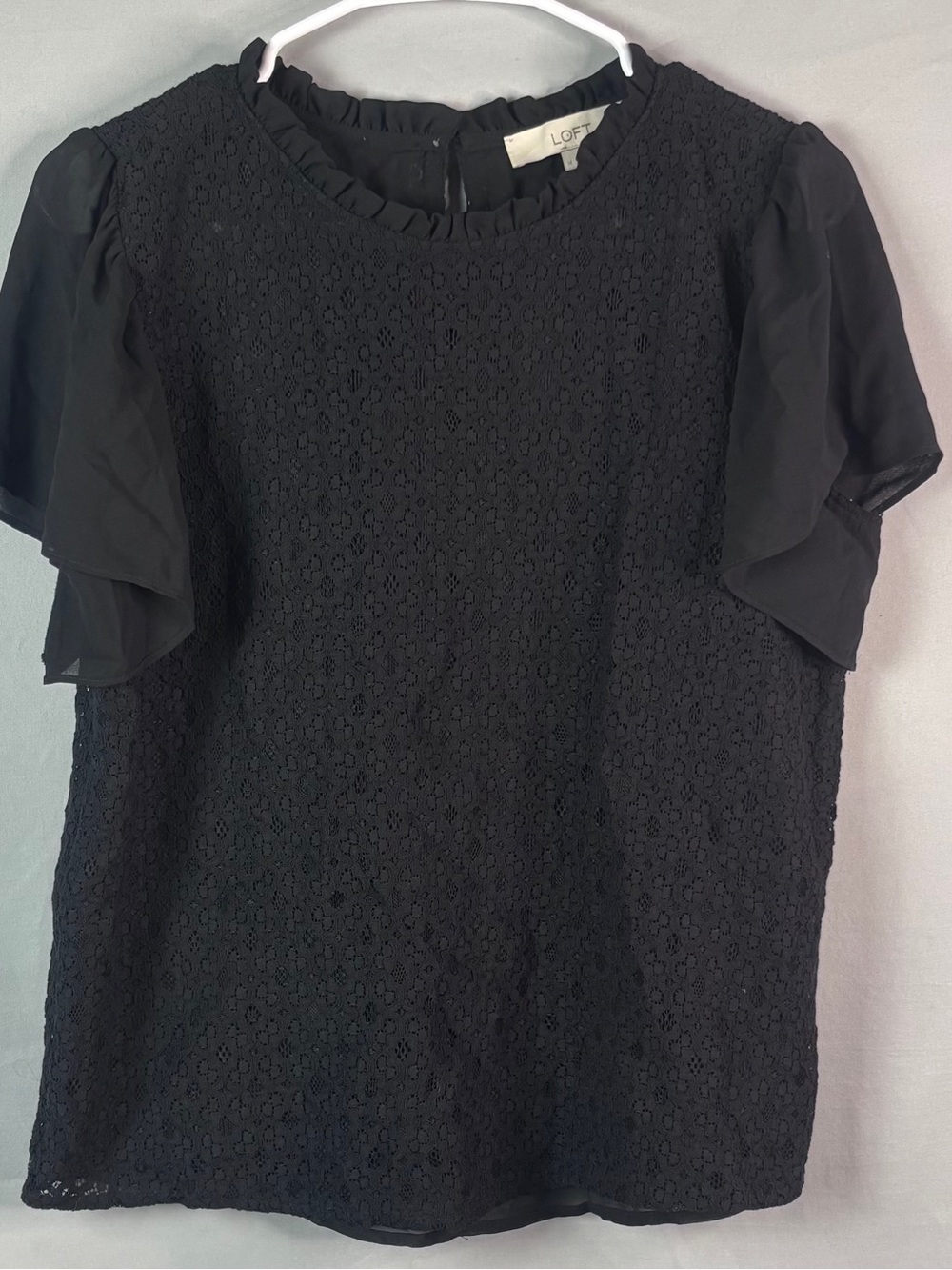 LOFT Black Lace Ruffle Neck Flutter Sleeve Blouse